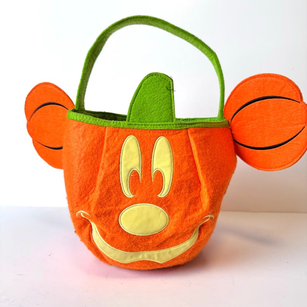 Disney Store Mickey Mouse Pumpkin Halloween Trick or Treat Felt Bag Tote Basket